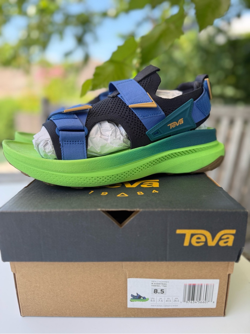 Teva Navy, Bright Blue & Lime Green Sport Sandals in men’s 8.5